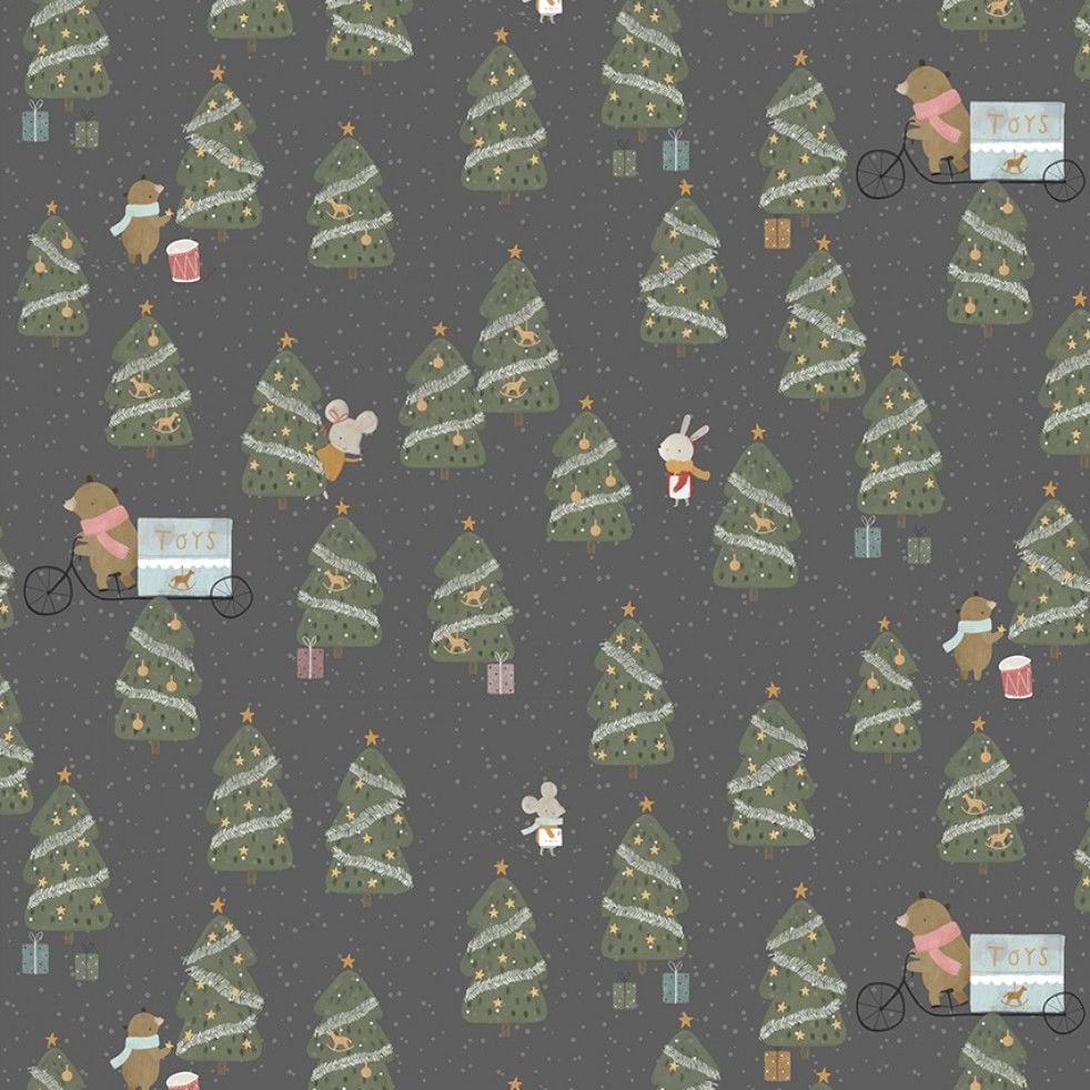 LAST ONE - DESTASH PER METRE Deck The Halls Tree Farm Pewter Christmas Trees Woodland Animals Bears Mice Rabbits Festive Holiday Dear Stella Cotton Fa