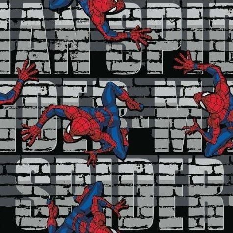 DESTASH PER METRE Spider-Man Web Crawler Wall Bricks Text Marvel Spiderman Comic Book Superhero Cotton Fabric