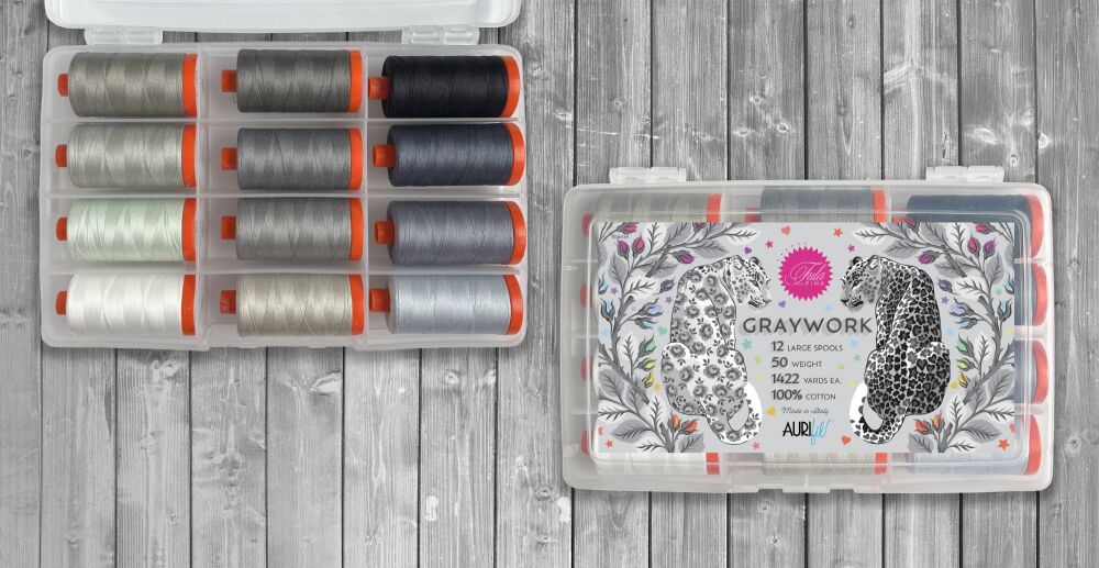 ORDER SEPARATELY - PRE-ORDER OCTOBER 2025 Tula Pink Graywork Collection 50wt Aurifil Cotton Thread 12 Large 1300m Spool Box
