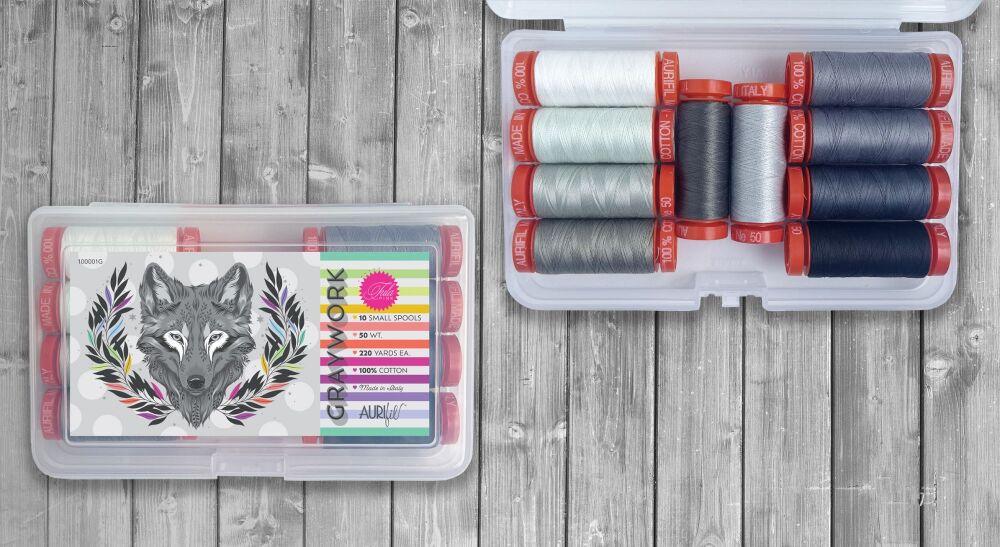 ORDER SEPARATELY - PRE-ORDER OCTOBER 2025 Tula Pink Graywork Collection 50wt Aurifil Cotton Thread 10 Small 200m Spool Box