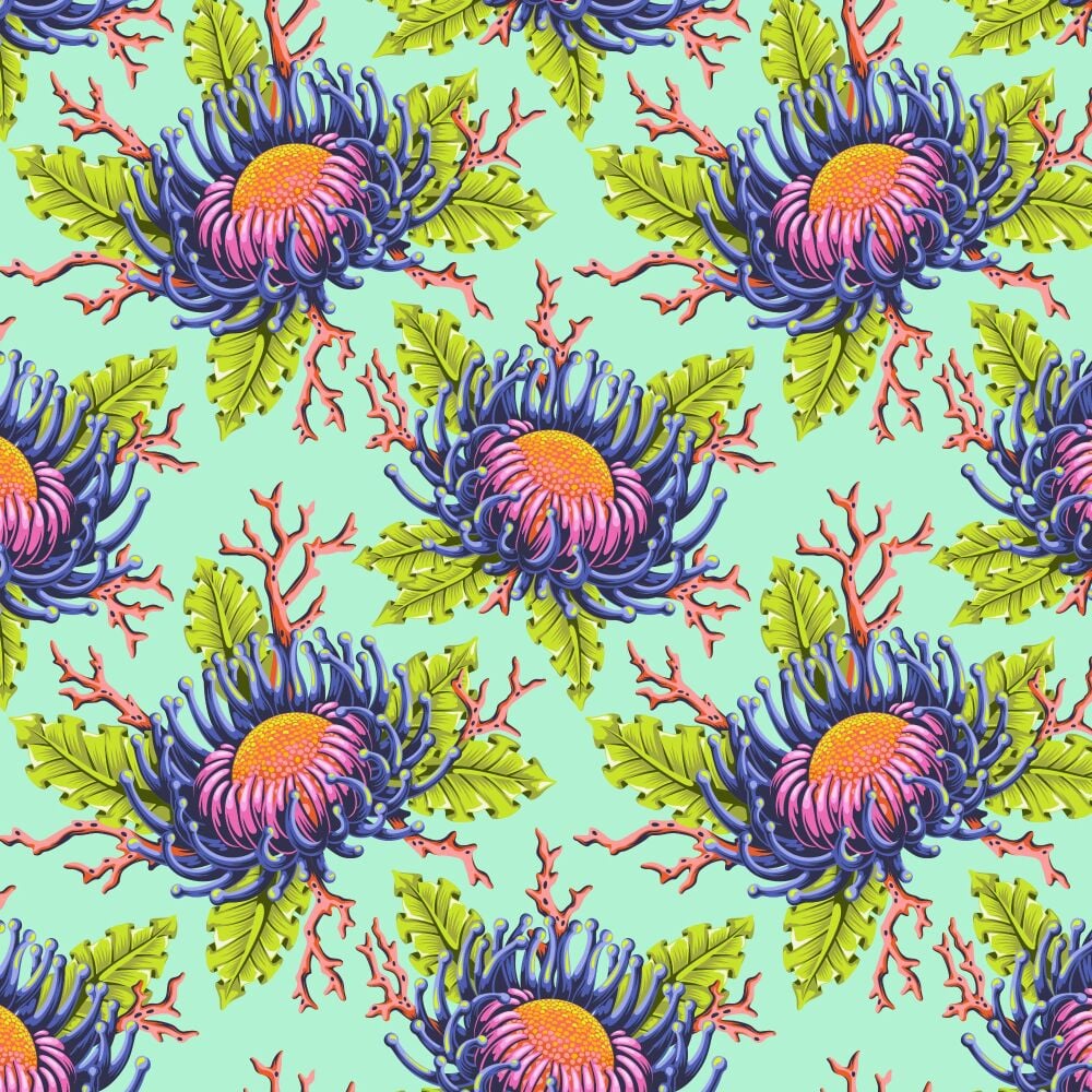 PRE-ORDER FR MAY 2026 Tula Pink Floral Reef Friends and Anemones Seafoam Cotton Fabric