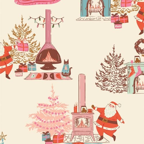 DESTASH 22cm Christmas in the Cabin Christmas Eve Father Christmas Santa Chimney Scene Christmas Tree Cotton Fabric - CCA258914