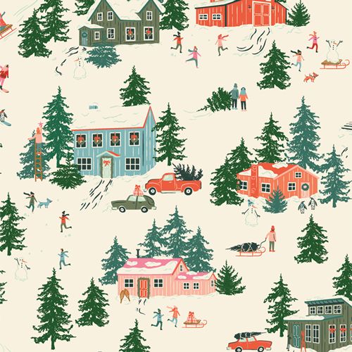 LAST FAT QUARTER Christmas in the Cabin Merry Town Snow Winter Scene Cabins Fir Trees Cotton Fabric - CCA258900