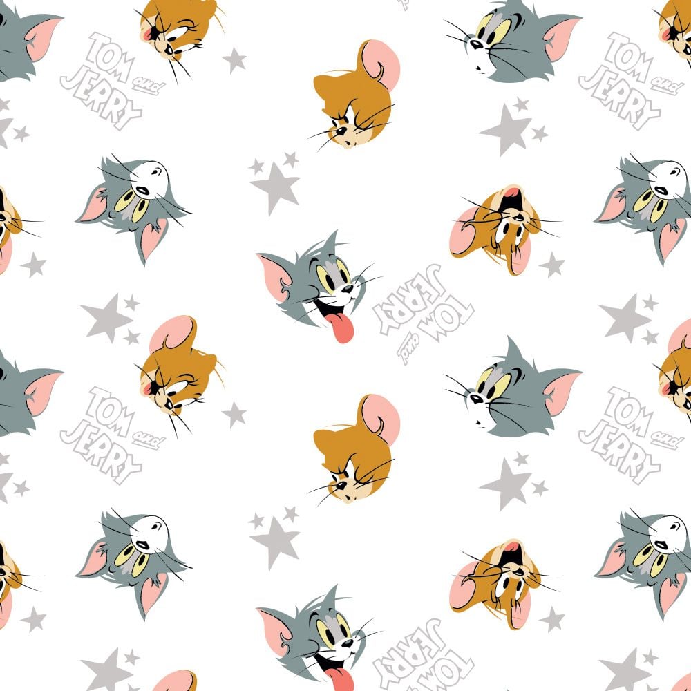 DESTASH 25cm Tom and Jerry Heads and Stars White Cat Mouse Hannah-Barbera Classic Cartoon Cotton Fabric