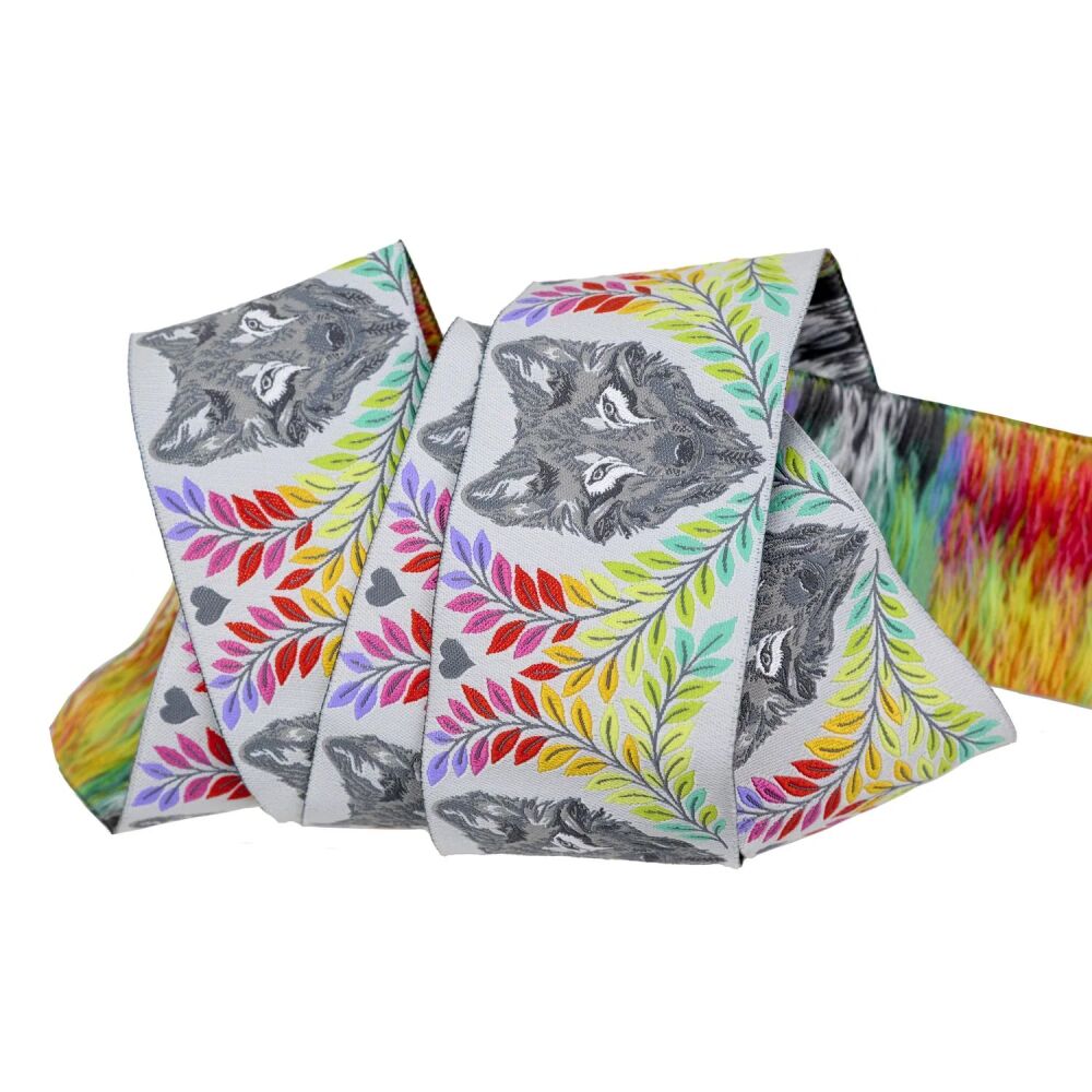 Tula Pink Graywork Wolf of Pink Street Fog 2" Renaissance Ribbons - Sold Per 5 Wolf Faces