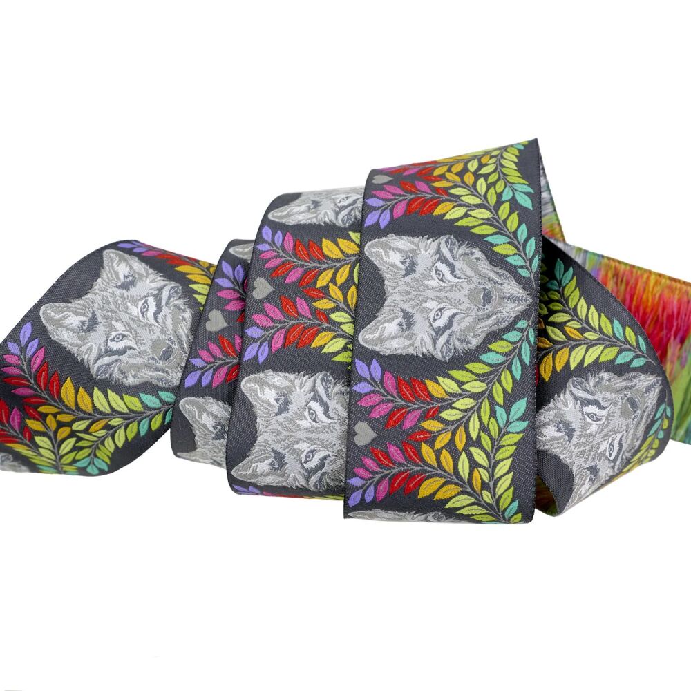 Tula Pink Graywork Wolf of Pink Street Carbon 2" Renaissance Ribbons - Sold Per 5 Wolf Faces