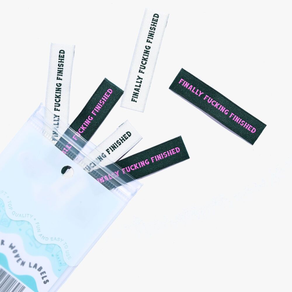 Kylie and the Machine "Finally F*cking Finished" Woven Labels 6 Pack - New Packaging