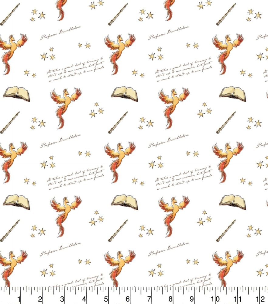 FULL BOLT 10m Harry Potter Dumbledore Fawkes Phoenix Books Elder Wand White Soft Wash Magical Wizard Witch Cotton Fabric - SHIPPING RESTRICTIONS