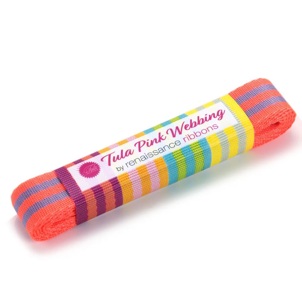 FLAWED Tula Pink Webbing - 1" Neon Peach and Lavender by Renaissance Ribbons - 2 yard pack