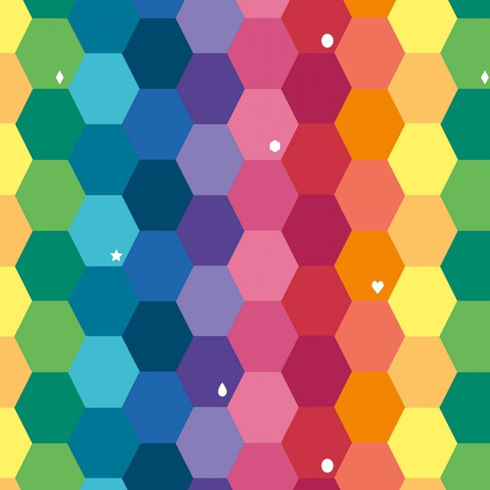 Imagine by Kristy Lea Imagine Main Rainbow Hexagons Hexies Hexy Rainbow Geometric Cotton Fabric