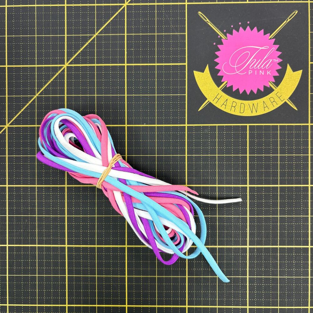 Mixed Pack Narrow Banded Elastic 4mm Nylon - 3 metres each of White, Light Blue, Pink and Dark Purple