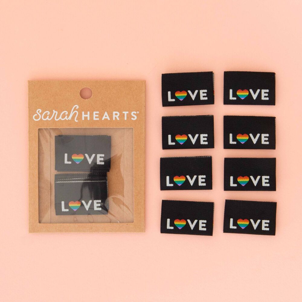 Sarah Hearts LOVE Pride - Sewing Woven Clothing Quilt Project Label Tags - 8 Pack