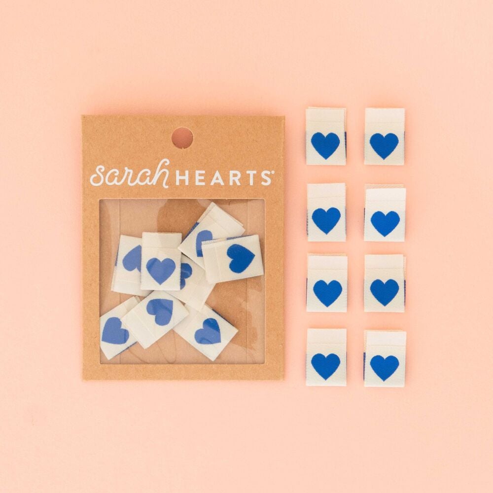 Sarah Hearts Blue Hearts - Sewing Woven Clothing Quilt Project Label Tags - 8 Pack