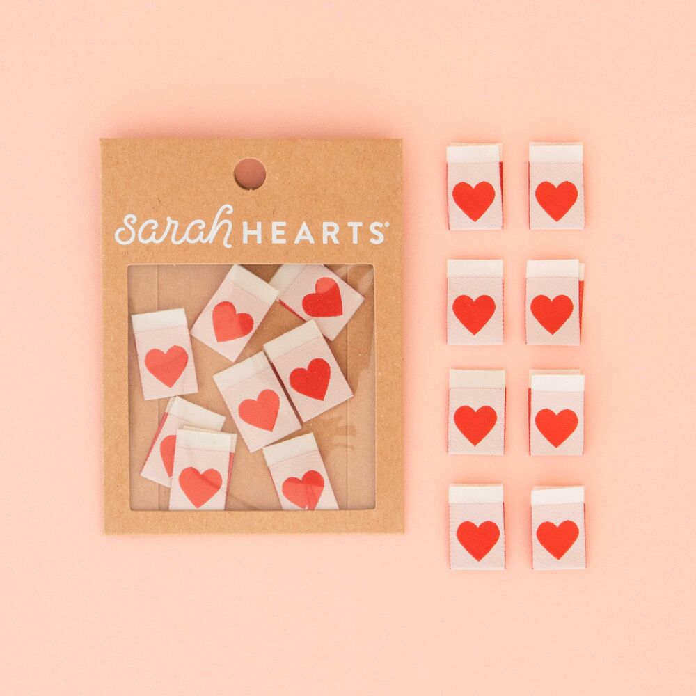 Sarah Hearts Red Hearts - Sewing Woven Clothing Quilt Project Label Tags - 8 Pack