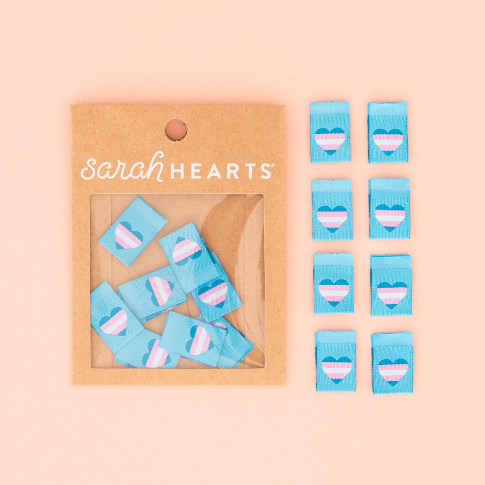 Sarah Hearts Trans Flag Hearts - Sewing Woven Clothing Quilt Project Label Tags - 8 Pack