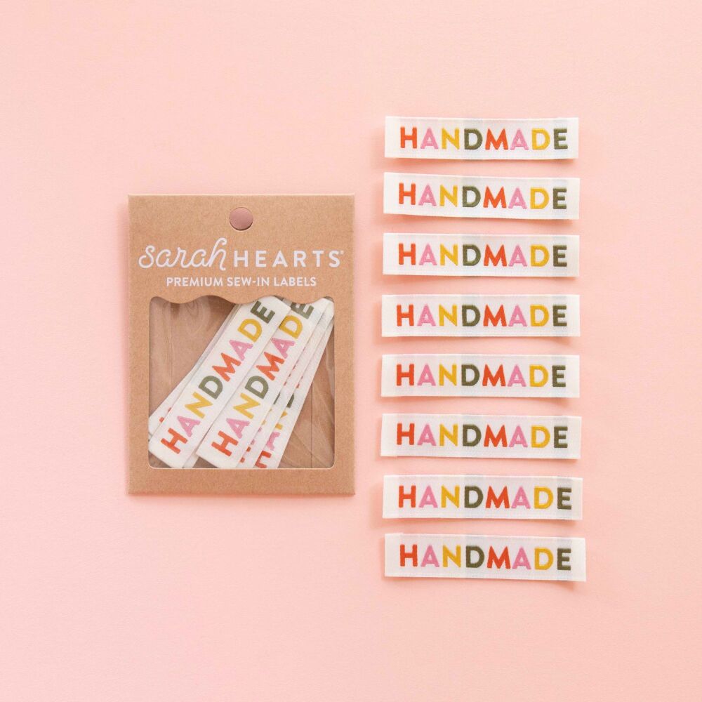 Sarah Hearts "Handmade" Muted Colours - Sewing Woven Clothing Label Tags - 8 Pack