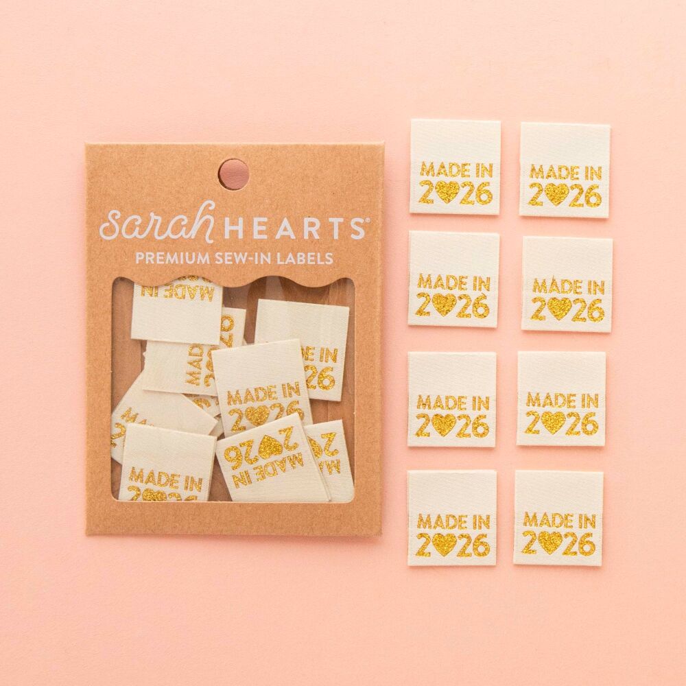 Sarah Hearts "Made in 2026" - Gold Sewing Woven Clothing Quilt Project Label Tags - 8 Pack