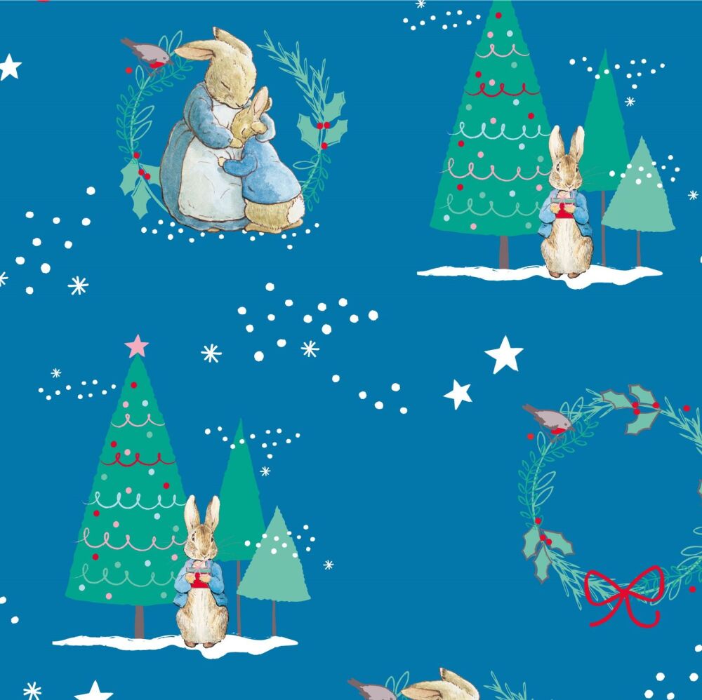 DESTASH 42cm Beatrix Potter Peter Rabbit Christmas Wreath Blue Cotton Fabric