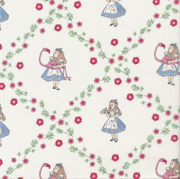 DESTASH 32cm V & A Alice in Wonderland Alice Flowers Flamingo White Lewis Carroll Character Cotton Fabric