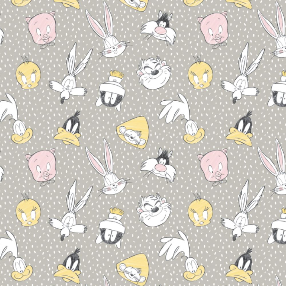 DESTASH 72cm Looney Tunes Little Dreamer Characters Light Grey Sketch Warner Bros Classic Cartoon Cotton Fabric
