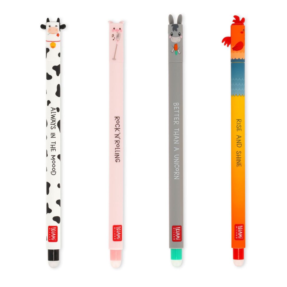 Legami Erasable Pen Set of 4 - Farm Sweet Farm - Cow, Pig, Donkey, Rooster