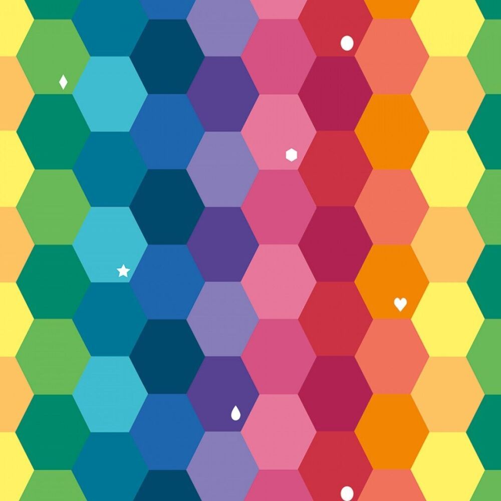 DESTASH 71cm Imagine by Kristy Lea Imagine Main Rainbow Hexagons Hexies Hexy Rainbow Geometric Cotton Fabric