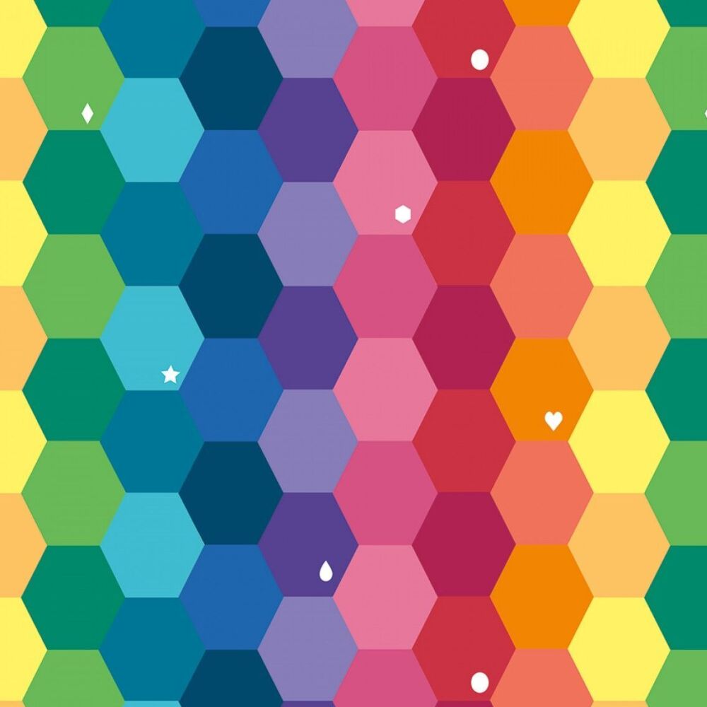 FLAWED DESTASH 28cm Imagine by Kristy Lea Imagine Main Rainbow Hexagons Hexies Hexy Rainbow Geometric Cotton Fabric