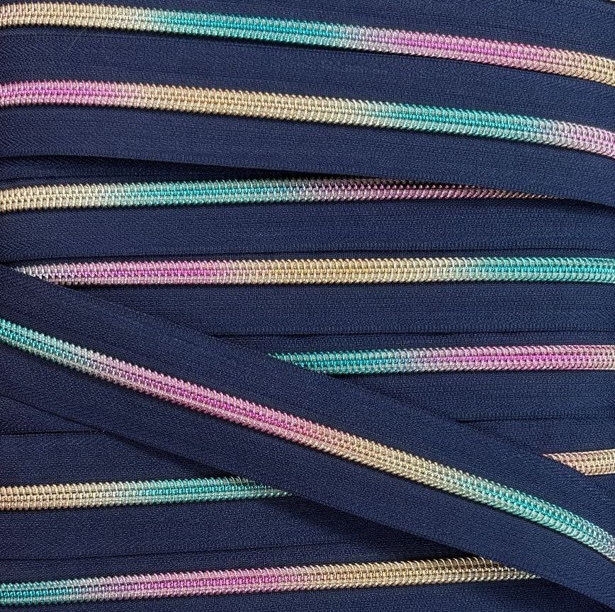 Sew Lovely Jubbly #5 Nylon Coil Zipper - Dark Blue with Rainbow Coil - 2 Metres Continuous Length Handbag Zip