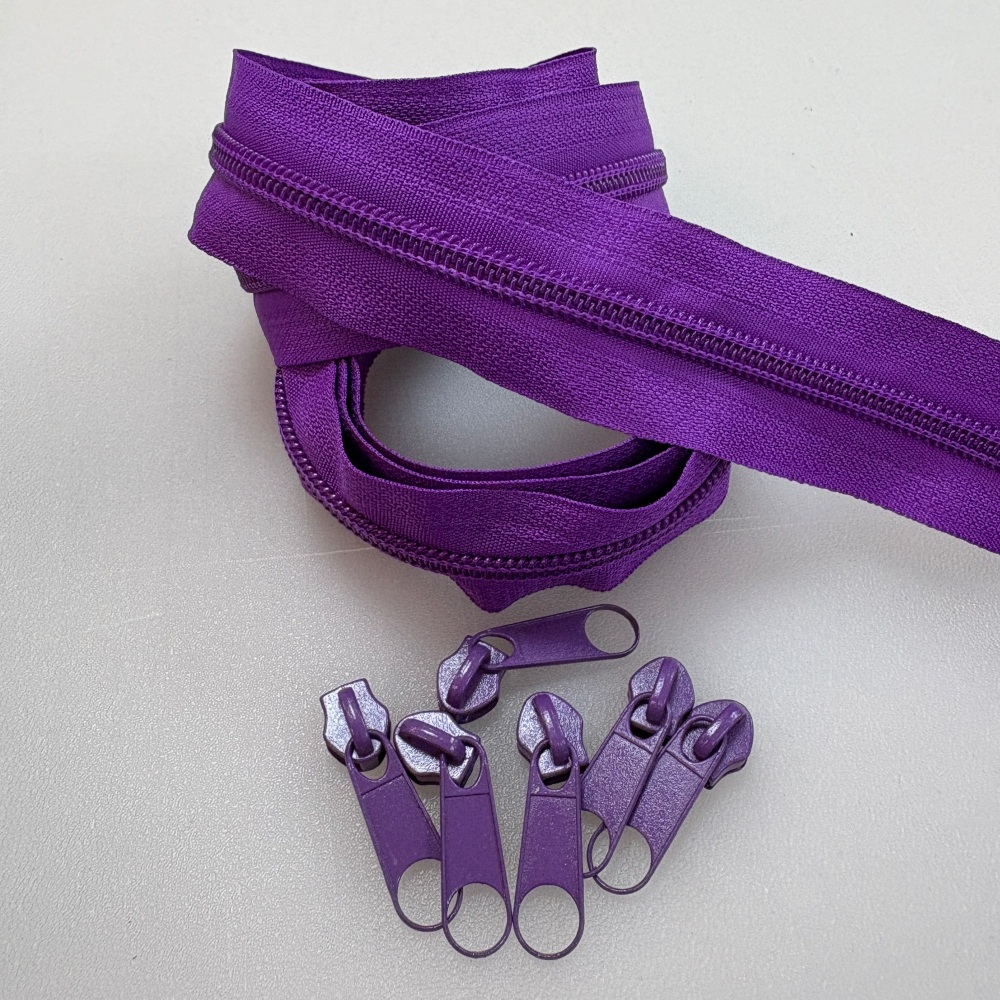 Sew Lovely Jubbly #5 Nylon Coil Zippers - Violet - 3 Metres Continuous Length with 9 Matching Pulls Handbag Zipper