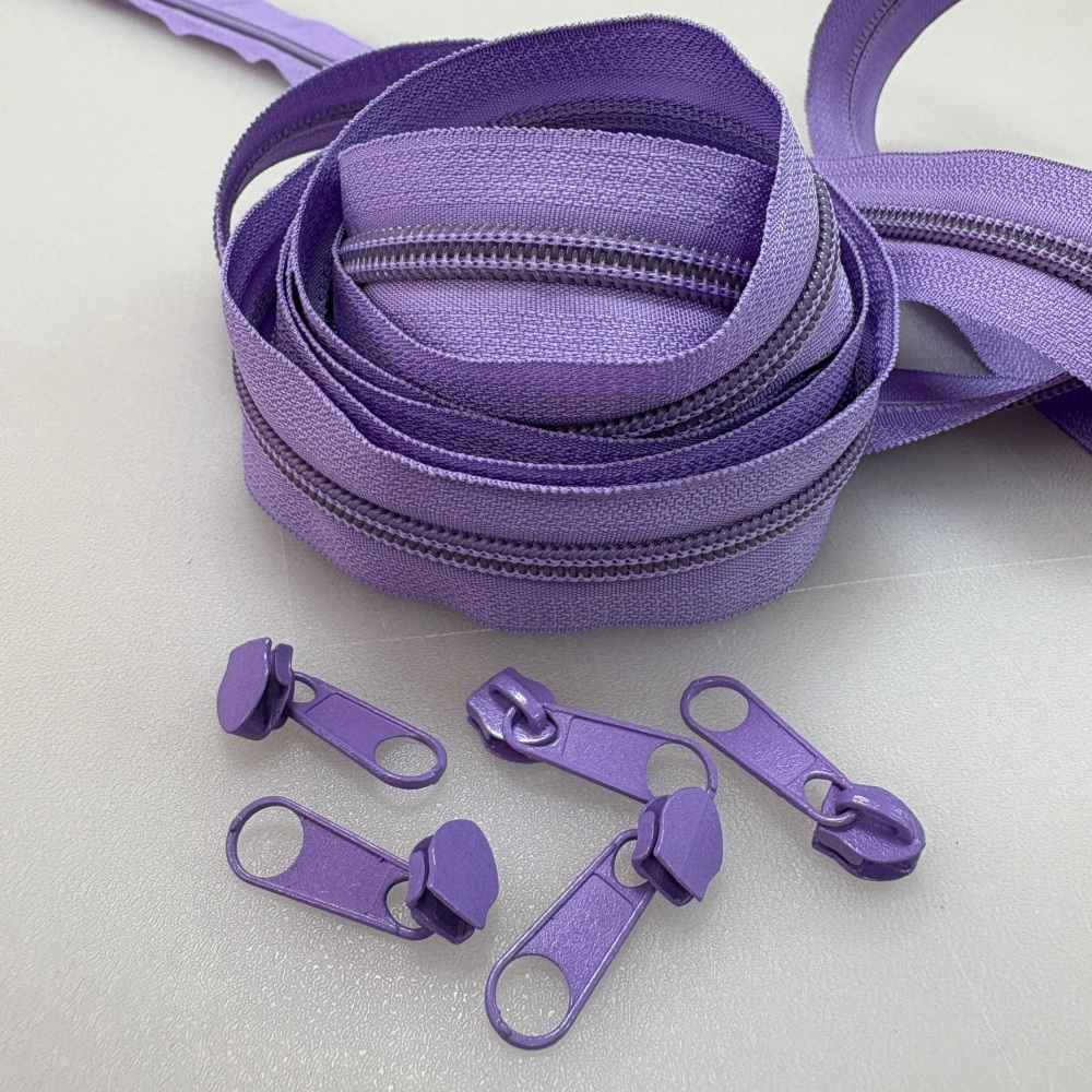 Sew Lovely Jubbly #5 Nylon Coil Zippers - Lilac - 3 Metres Continuous Length with 9 Matching Pulls Handbag Zipper
