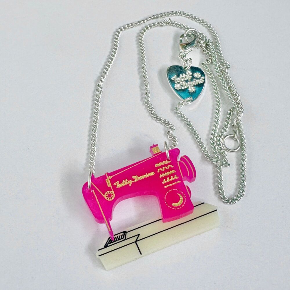 FINAL STOCK - EXCLUSIVE Tatty Devine Mini Sewing Machine Necklace in LJF Hot Pink