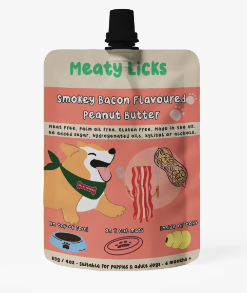 Meaty Licks Smokey Bacon Peanut Butter Pouch For Dogs 113g 4oz