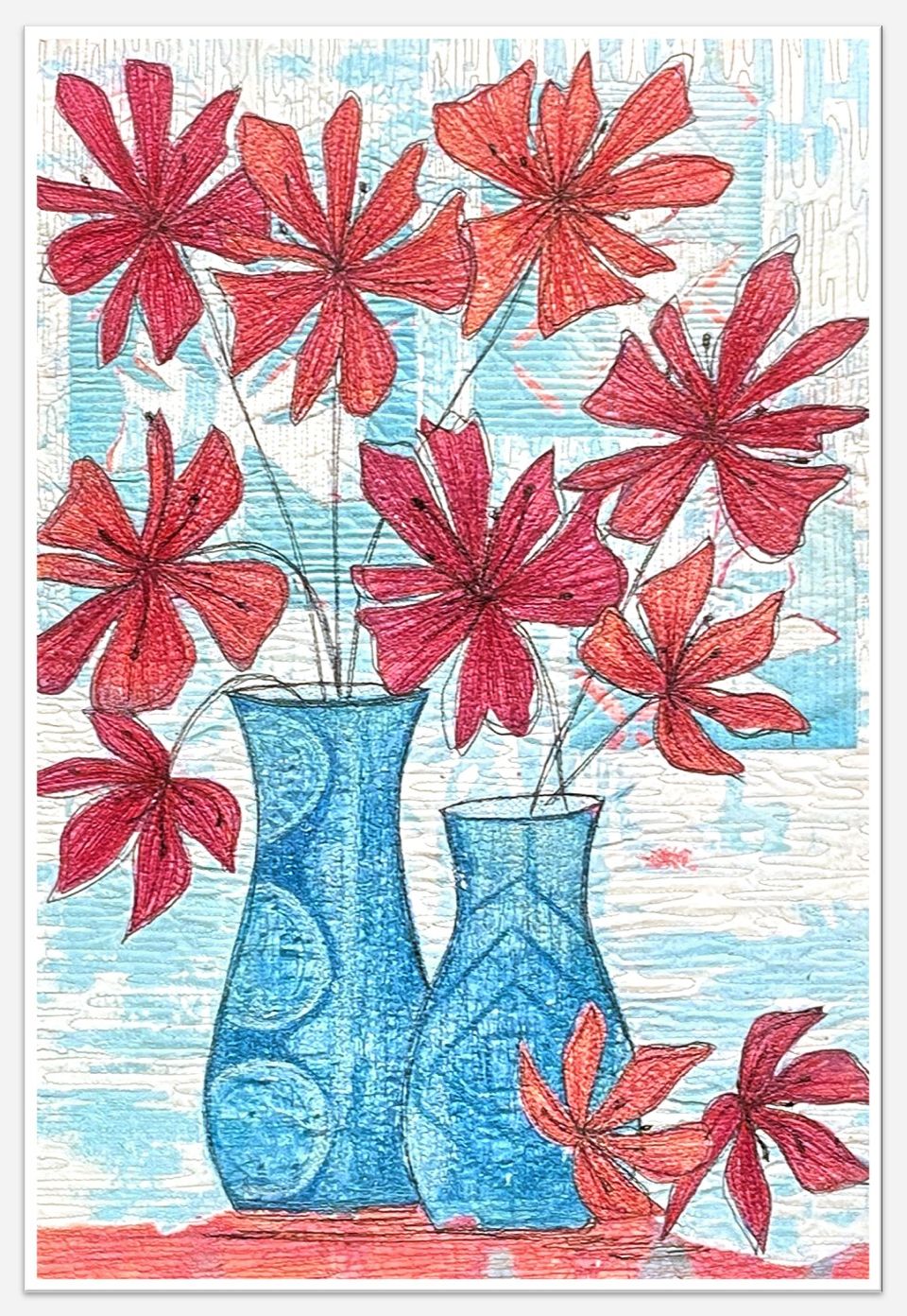 Blue Pots with Red Tulips