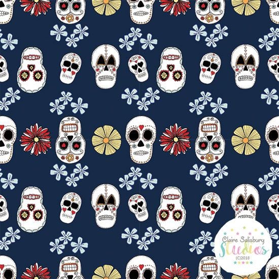 FOLK FIESTA - SKULL ILLUSTRATION - BLUE BACKGROUND