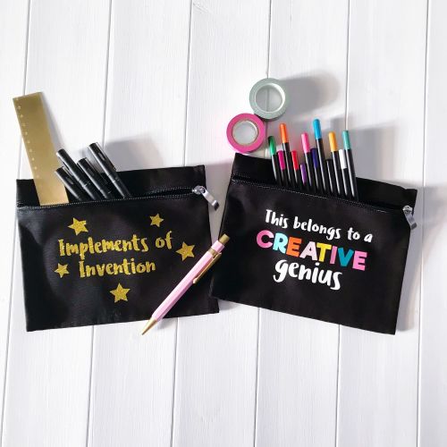 THE CREATOR'S COLLECTION 2 BLACK PENCIL CASES WITH GOLD GLITTER & COLOURFUL WRITING  FILLED WITH COLOURED PENCILS, SCISSORS & WASHI TAPE