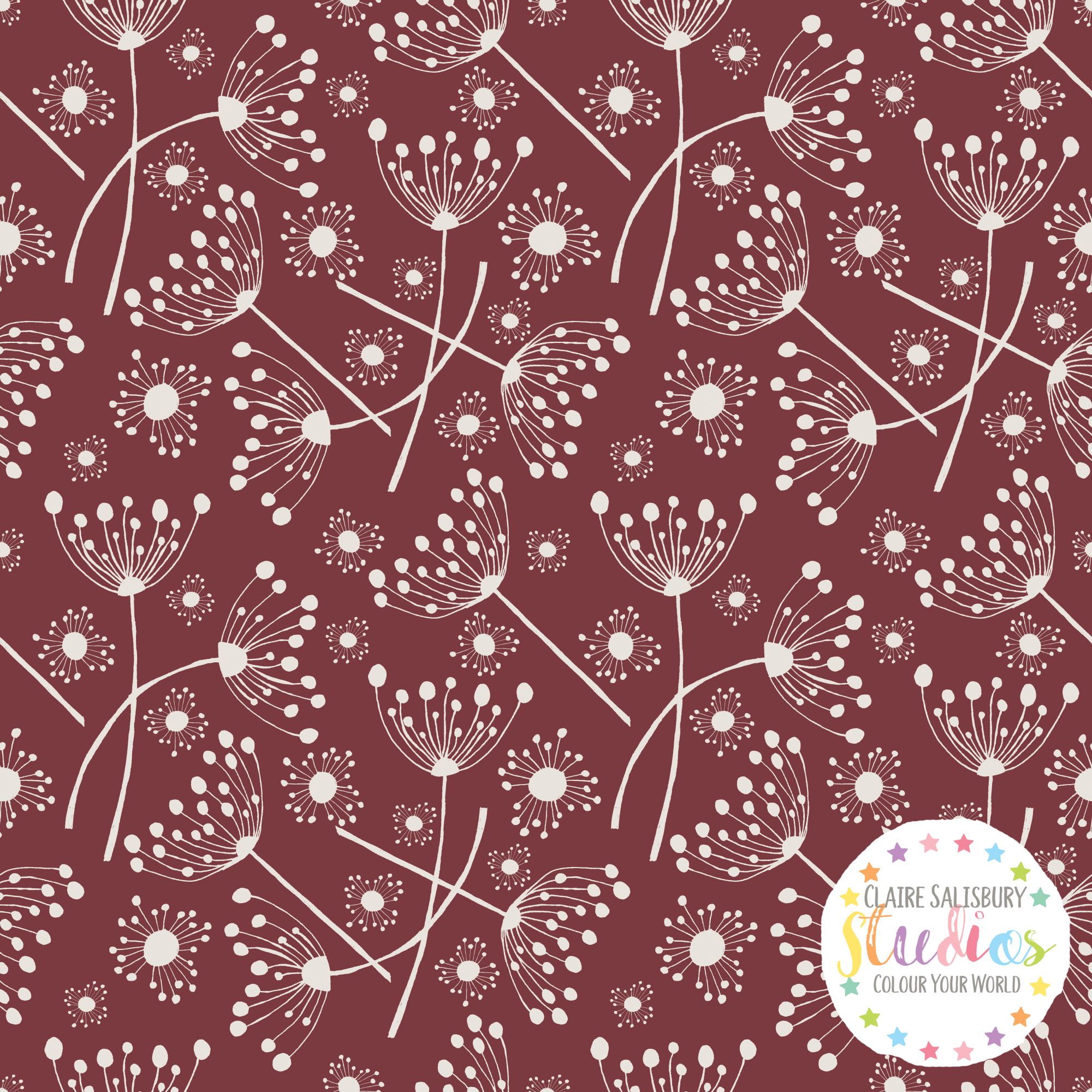DANDELION CLOCKS & COW PARSLEY BURGUNDY PATTERN.jpg