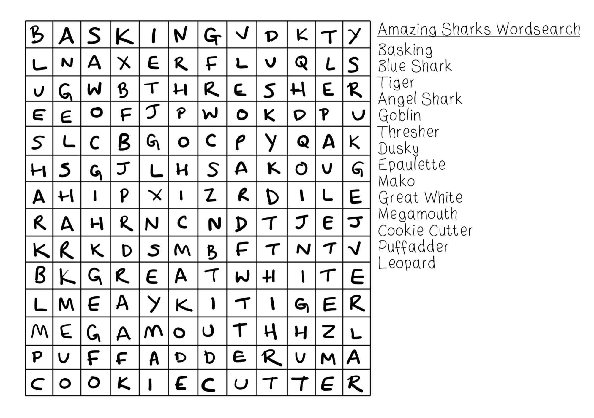 Amazing sharks wordsearch