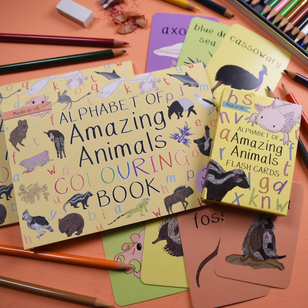 Alphabet of Amazing Animals Flash Cards and Colouring Book