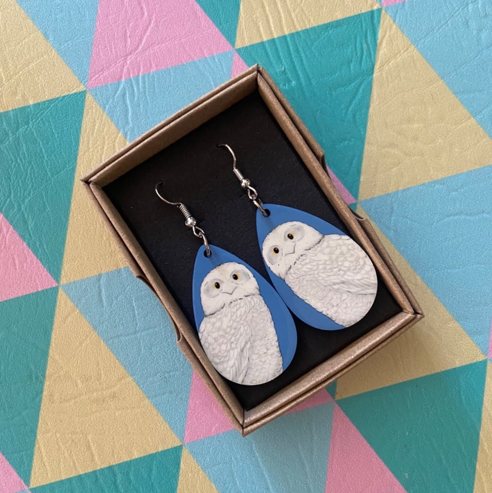 Snowy Owl Earrings - blue