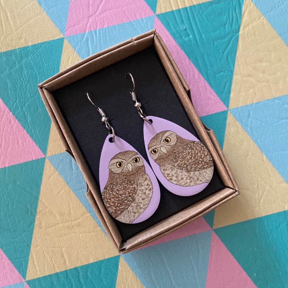 Burrowing Owl Earrings - Purple