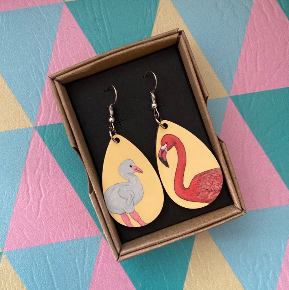 Flamingo and Chick Earrings - Yellow