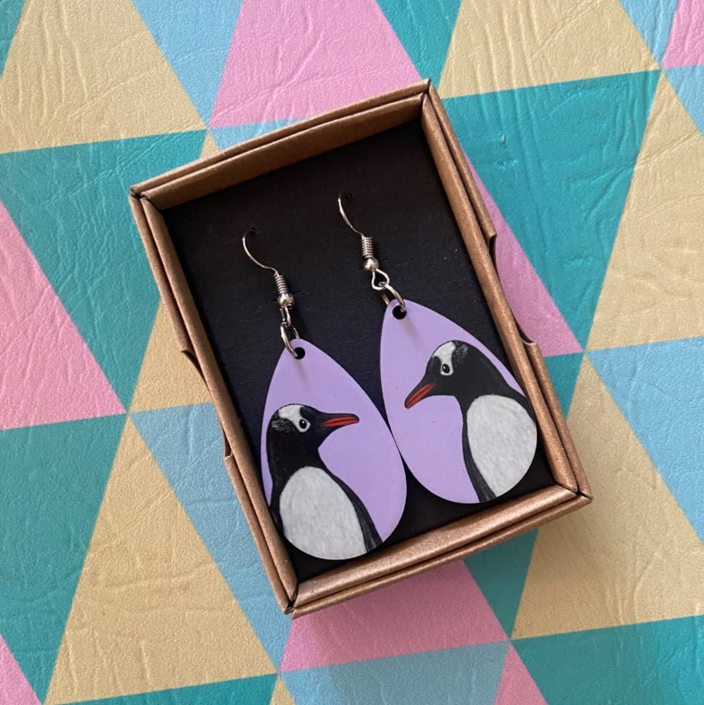 Gentoo Penguin Earrings - Purple