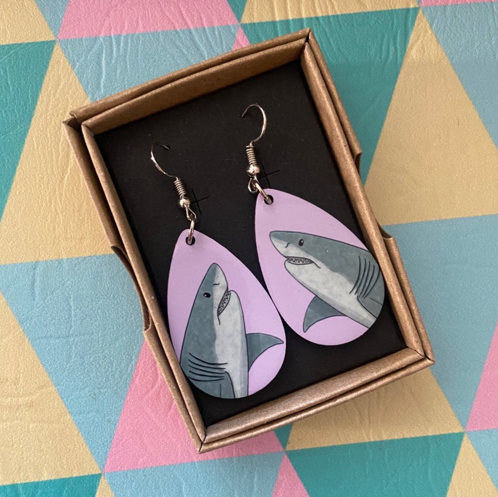 Great White Shark Earrings - Purple