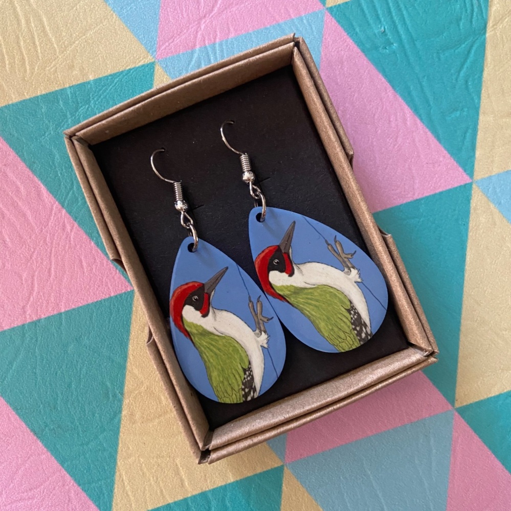 Green Woodpecker Earrings - Blue