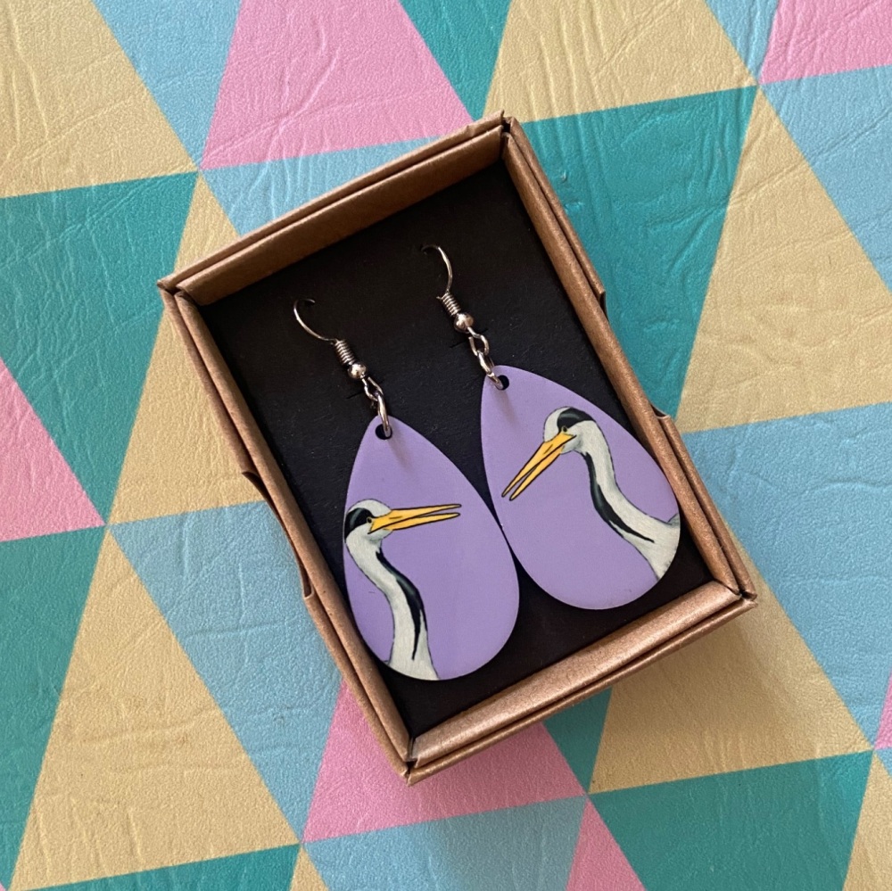 Grey Heron Earrings - Purple