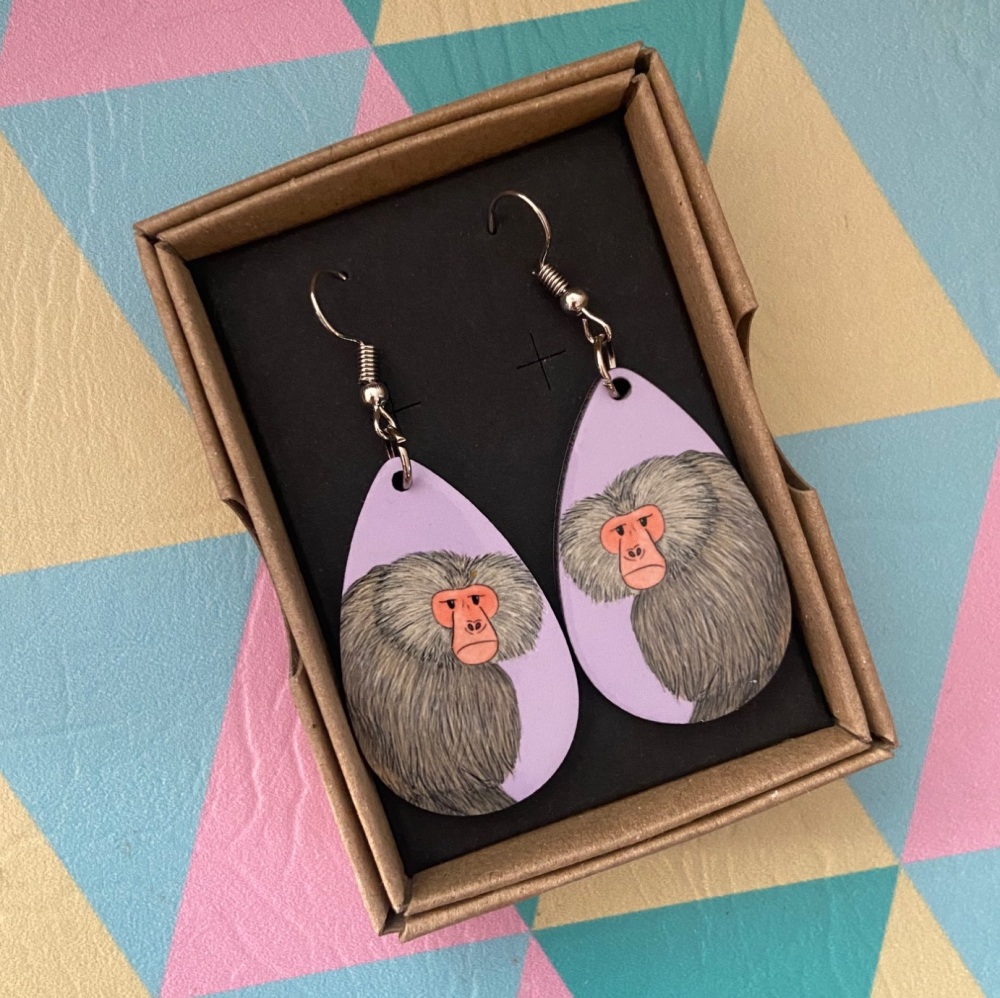 Hamadryas Baboon Earrings - Purple