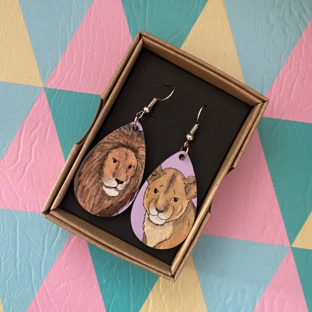 Lion and Lioness Earrings - Purple