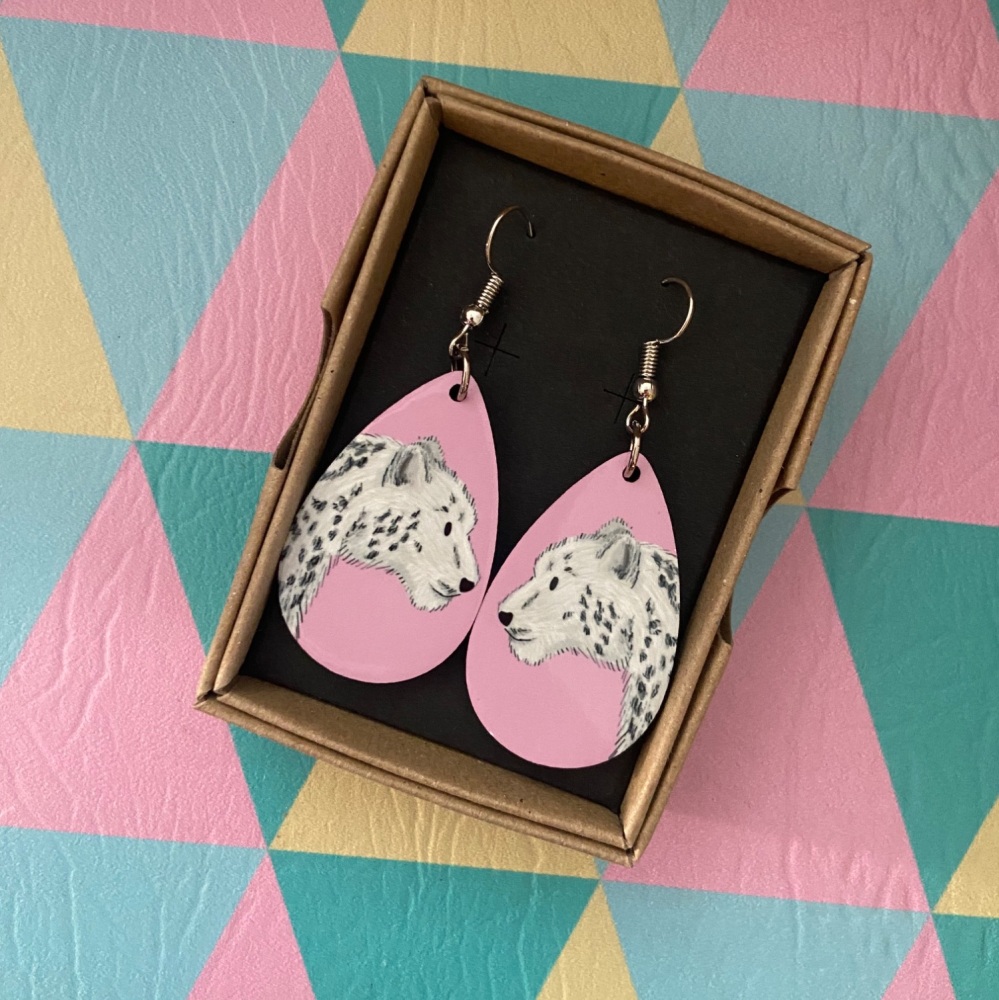 Snow Leopard (Side Profile) Earrings - Pink