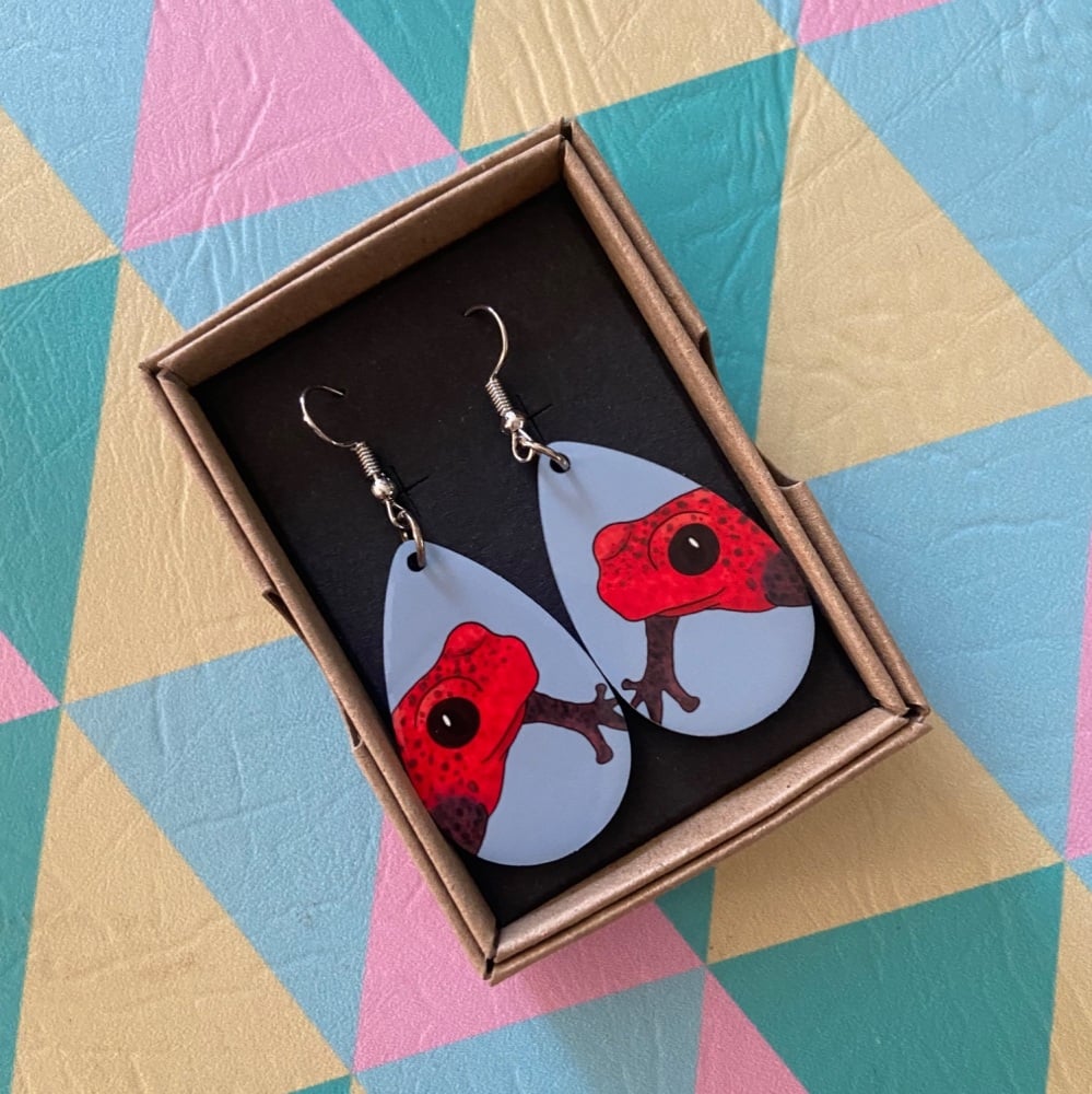 Strawberry Dart Frog Earrings - Blue