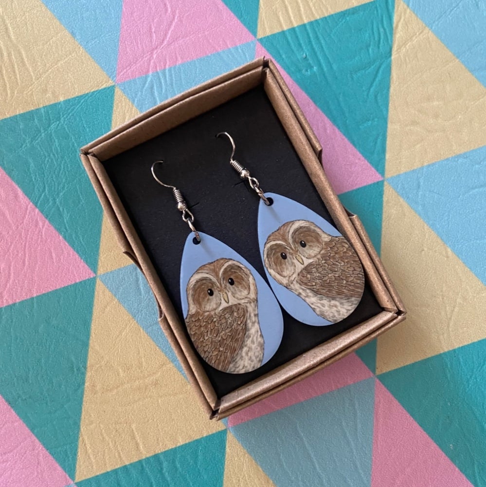 Tawny Owl Earrings - Blue